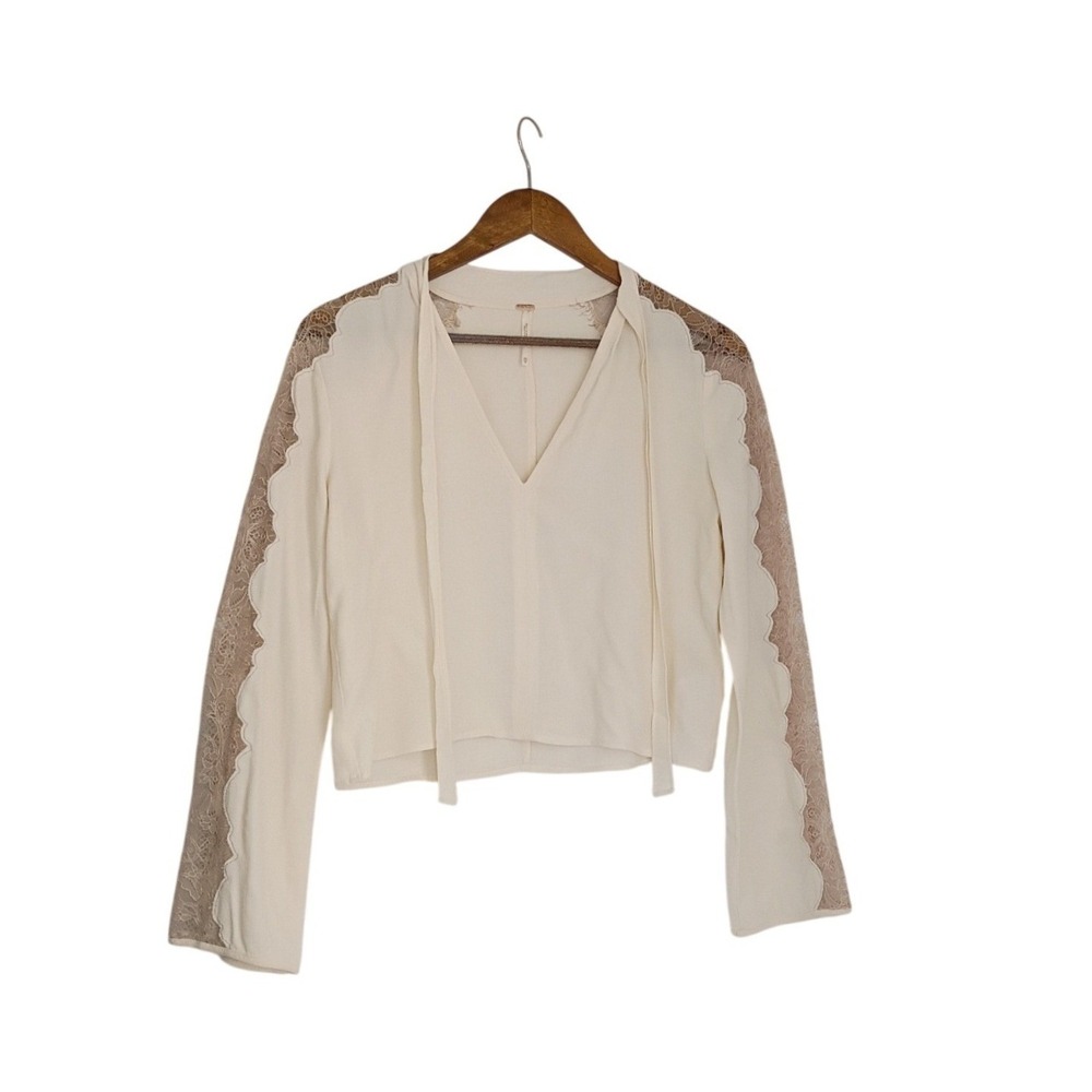 Free People Cream Lace Trim V-Neck Tie Front Blouse S Boho Ethereal Romantic Top